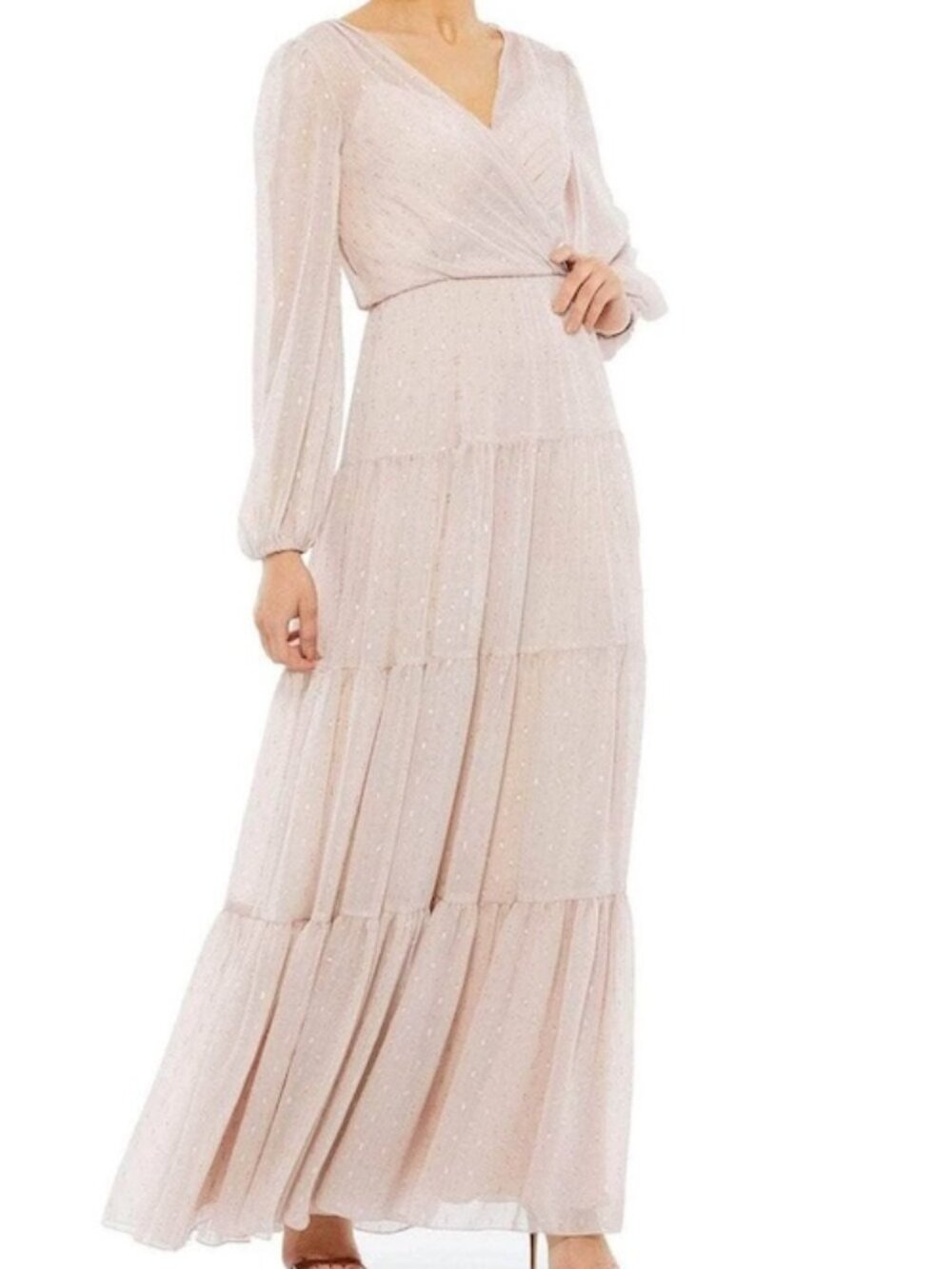 Mac Duggal Blush Pink Glitter Embellished V-Neck Tiered A-Line Gown